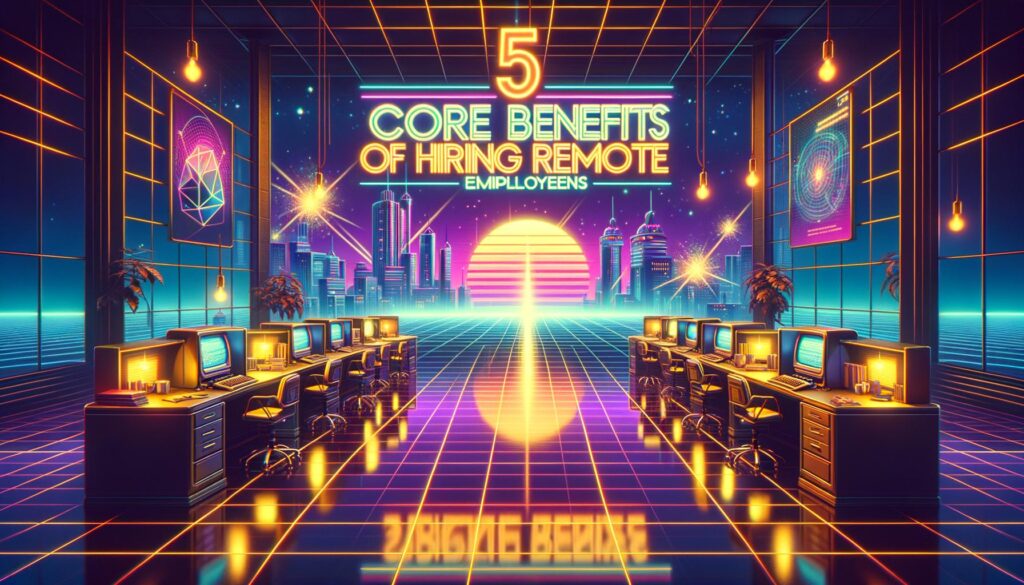 Retro digital illustration highlighting the benefits of remote work with neon colors.