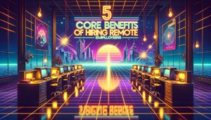 Retro digital illustration highlighting the benefits of remote work with neon colors.