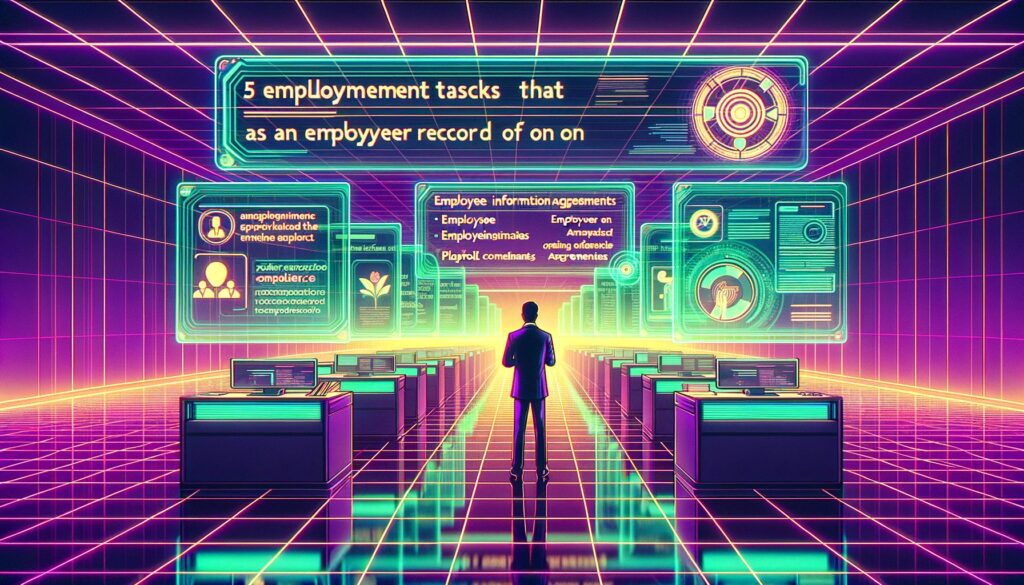 A neon-lit office scene representing the role of an employer of record with bold text overlay.