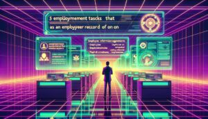 A neon-lit office scene representing the role of an employer of record with bold text overlay.