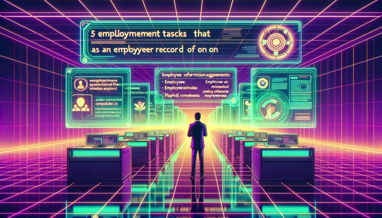 A neon-lit office scene representing the role of an employer of record with bold text overlay.