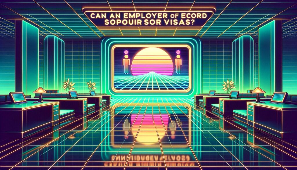 A colorful retro digital illustration showcasing an office with global remote employees, featuring title text.