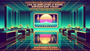 A colorful retro digital illustration showcasing an office with global remote employees, featuring title text.