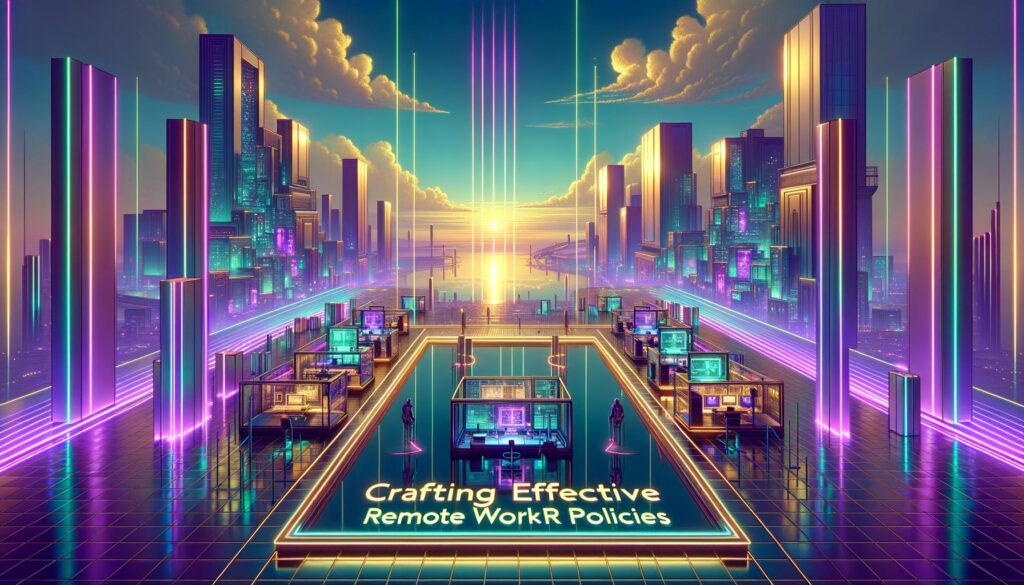 A retro digital illustration of a futuristic workspace emphasizing remote work HR policies.