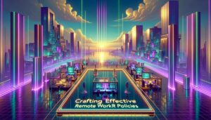 A retro digital illustration of a futuristic workspace emphasizing remote work HR policies.