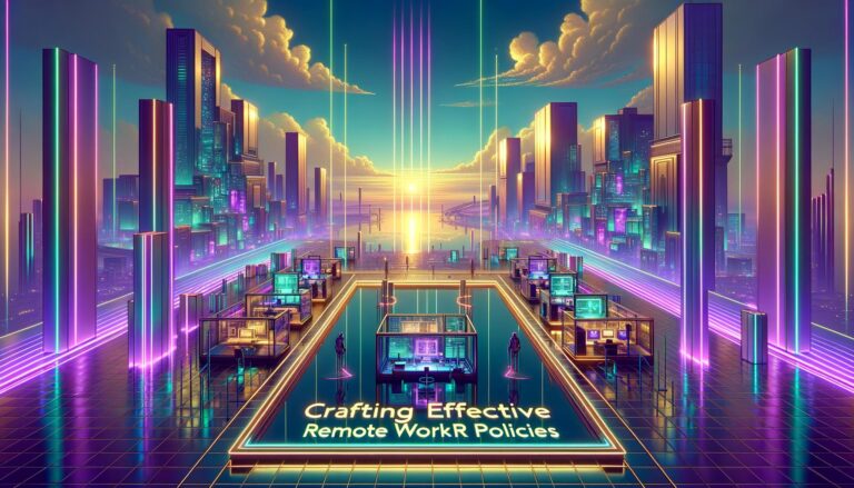 A retro digital illustration of a futuristic workspace emphasizing remote work HR policies.