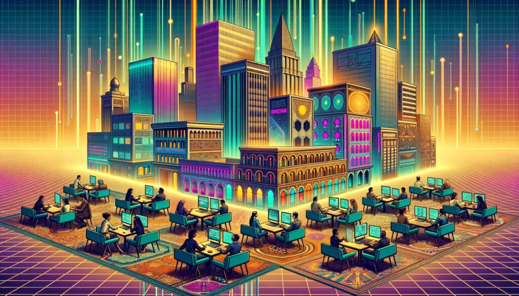 Retro digital illustration of diverse digital nomads working in a vibrant cultural setting.