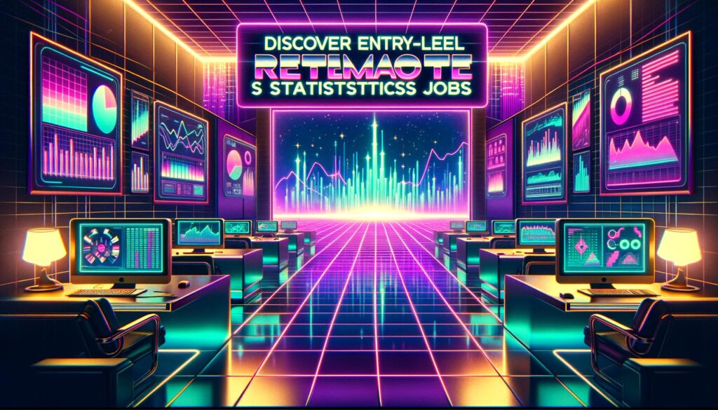 Vibrant retro illustration depicting a futuristic workspace for remote statistics jobs.
