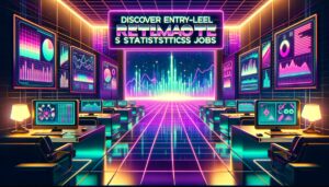Vibrant retro illustration depicting a futuristic workspace for remote statistics jobs.