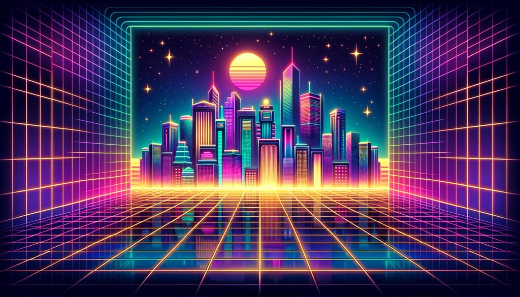 Retro illustration of a neon-lit cityscape with job search theme.