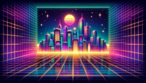 Retro illustration of a neon-lit cityscape with job search theme.