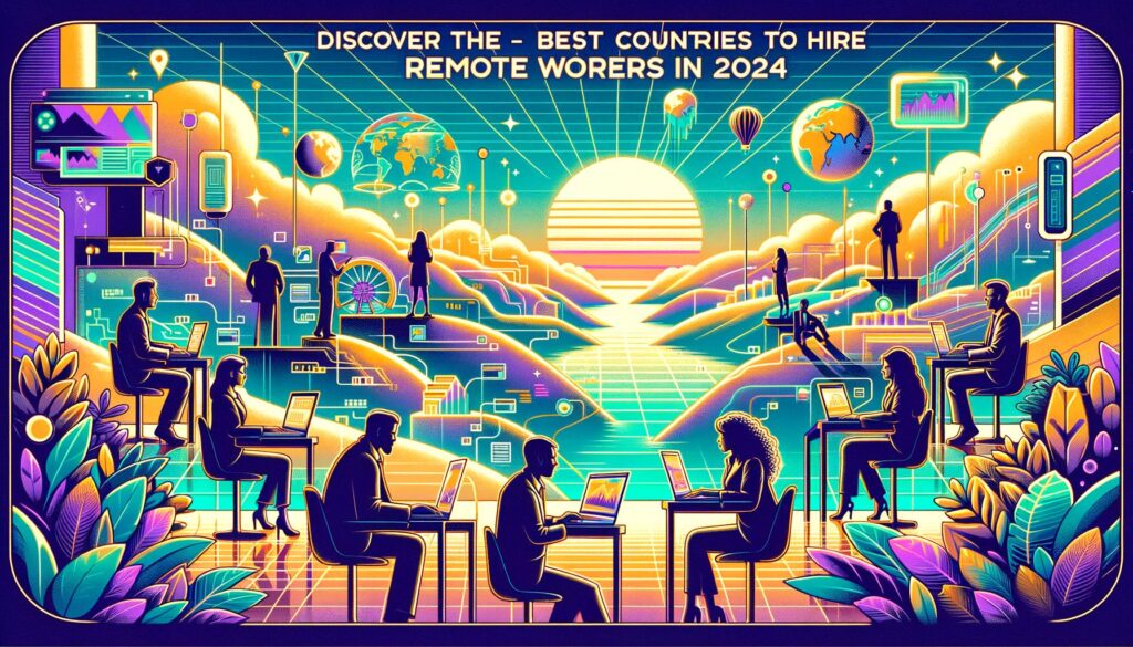 A retro digital illustration showcasing a futuristic remote work environment with diverse professionals.