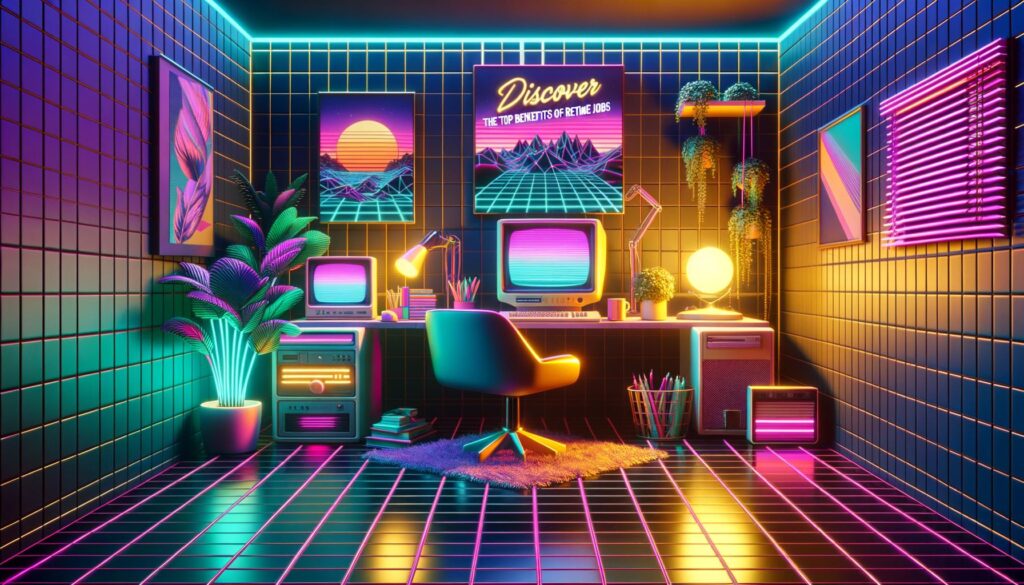 Digital illustration of a cozy retro home office with a prominent title about remote jobs.
