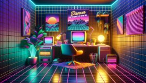 Digital illustration of a cozy retro home office with a prominent title about remote jobs.