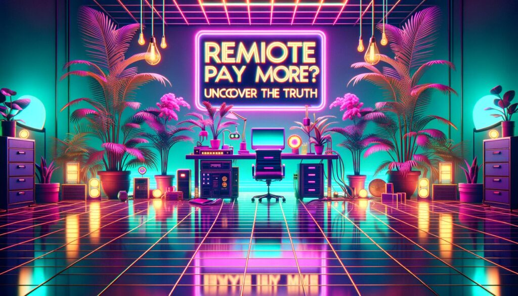 A retro illustration of a vibrant remote work environment with neon lighting and vintage tech, featuring the title 'Do Remote Jobs Pay More? Uncover the Truth.'