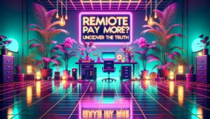 A retro illustration of a vibrant remote work environment with neon lighting and vintage tech, featuring the title 'Do Remote Jobs Pay More? Uncover the Truth.'