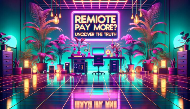 A retro illustration of a vibrant remote work environment with neon lighting and vintage tech, featuring the title 'Do Remote Jobs Pay More? Uncover the Truth.'
