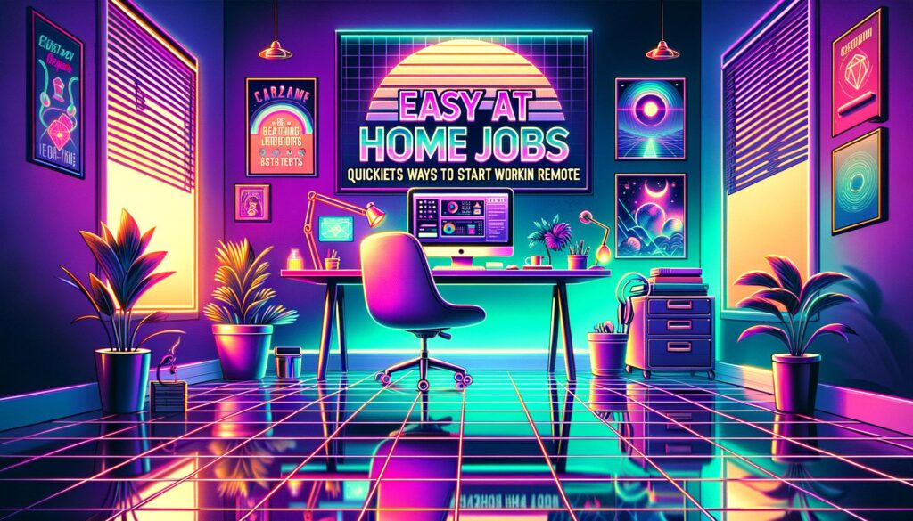 A retro digital illustration of a vibrant home office with bold overlay text about easy at home jobs.