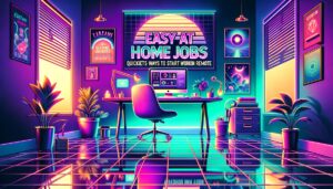 A retro digital illustration of a vibrant home office with bold overlay text about easy at home jobs.