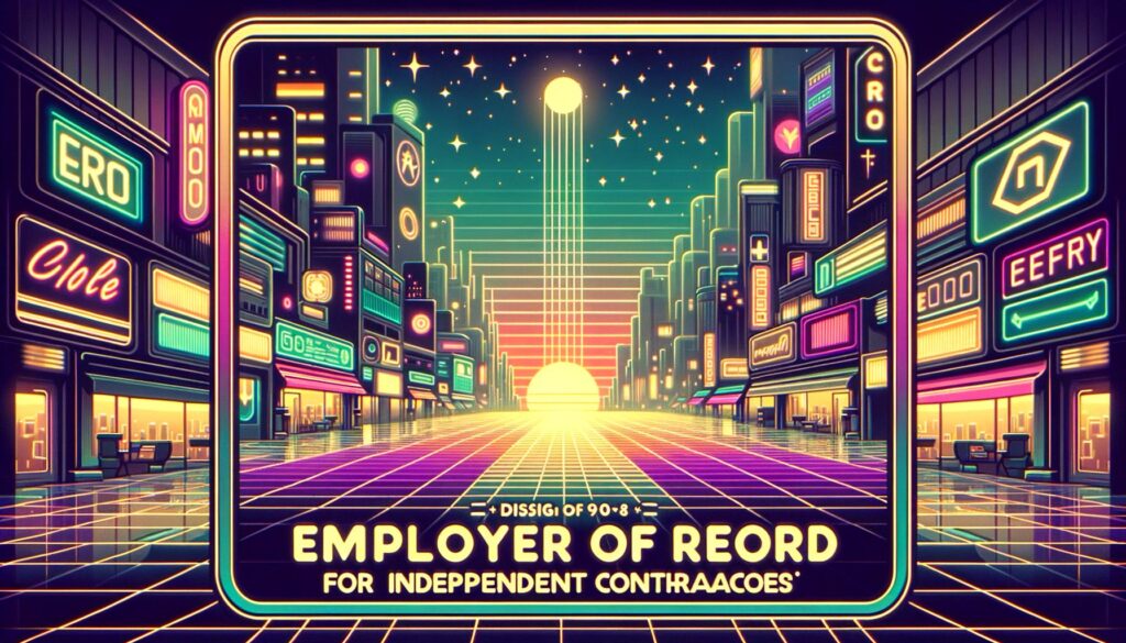 Retro cyberpunk cityscape with bold text overlay for employer of record.
