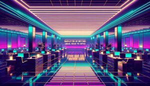 A neon-lit retro digital illustration focusing on legal themes for employers of record.