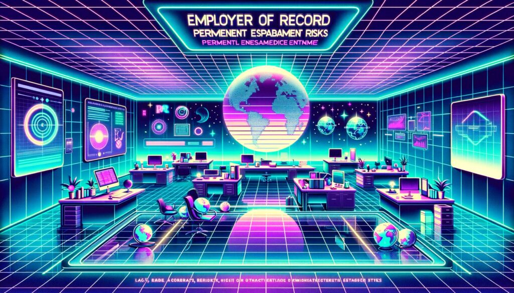 A retro-futuristic illustration showcasing an office space with neon lights and international business elements.