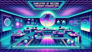 A retro-futuristic illustration showcasing an office space with neon lights and international business elements.