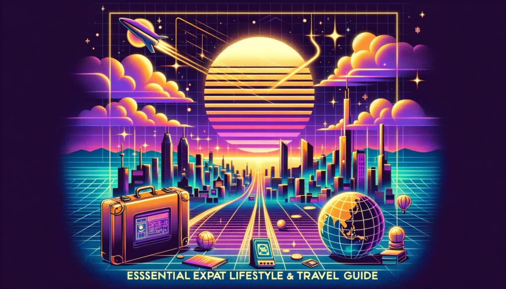 A colorful retro illustration representing expat lifestyle and travel, with bold text overlay.