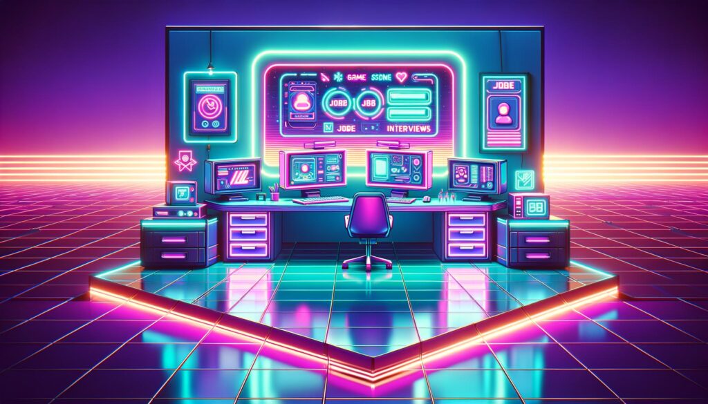 A vibrant cyberpunk workspace illustrating essential questions for remote job interviews.