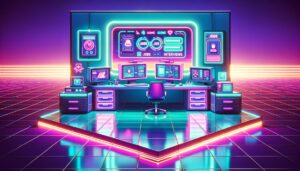 A vibrant cyberpunk workspace illustrating essential questions for remote job interviews.