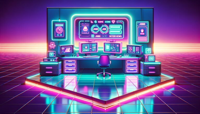 A vibrant cyberpunk workspace illustrating essential questions for remote job interviews.
