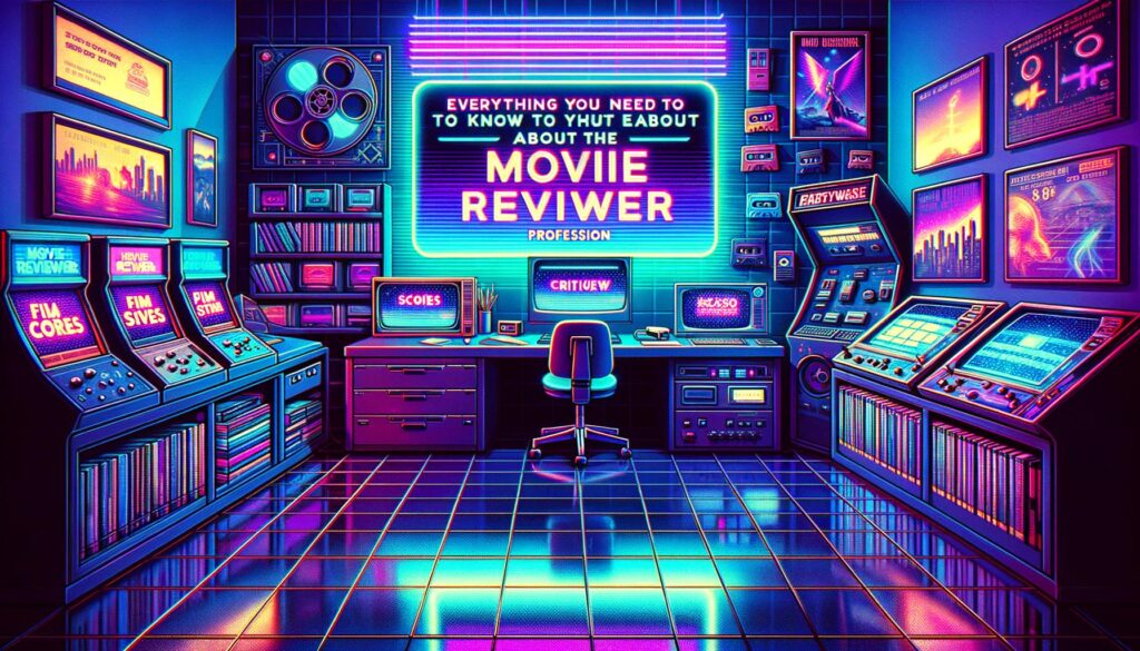 A retro digital illustration of a cyberpunk workspace for a Netflix reviewer.