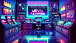 A retro digital illustration of a cyberpunk workspace for a Netflix reviewer.