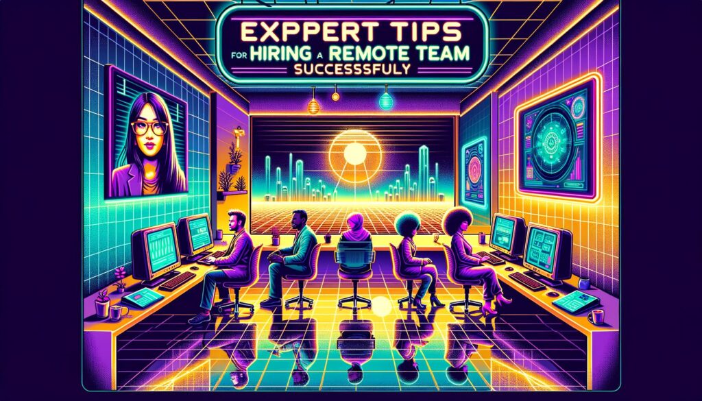 Retro digital illustration depicting a futuristic workspace with diverse individuals collaborating remotely.
