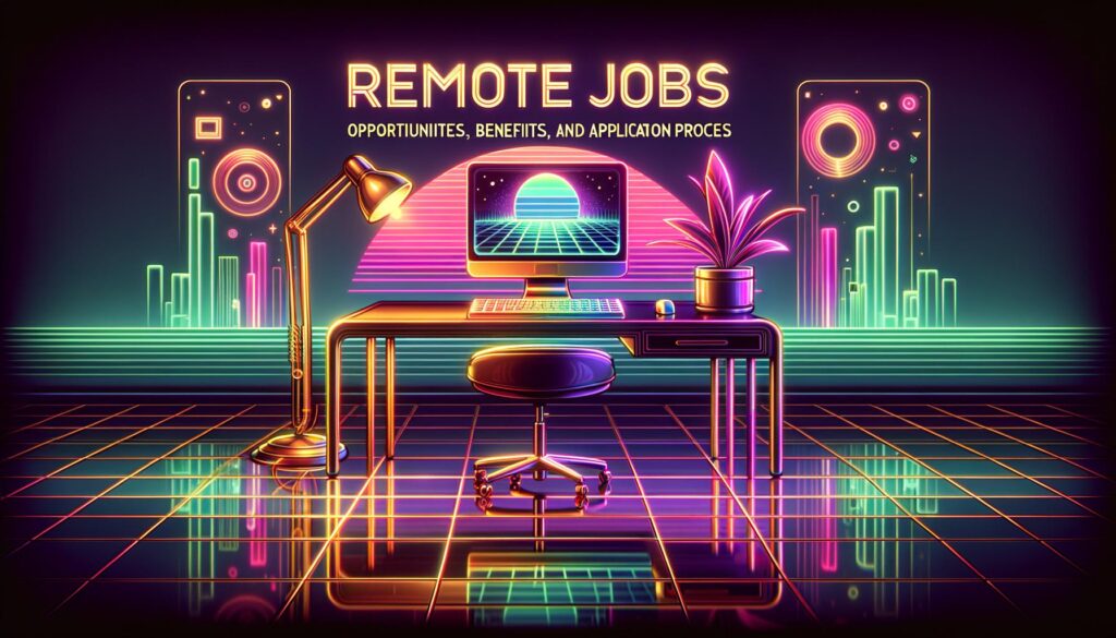 Retro digital illustration of a futuristic workspace with bold text overlay about FedEx remote jobs.
