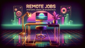Retro digital illustration of a futuristic workspace with bold text overlay about FedEx remote jobs.