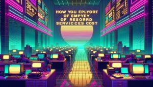 Retro digital illustration depicting a futuristic office environment with bold text overlay.