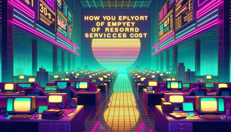 Retro digital illustration depicting a futuristic office environment with bold text overlay.