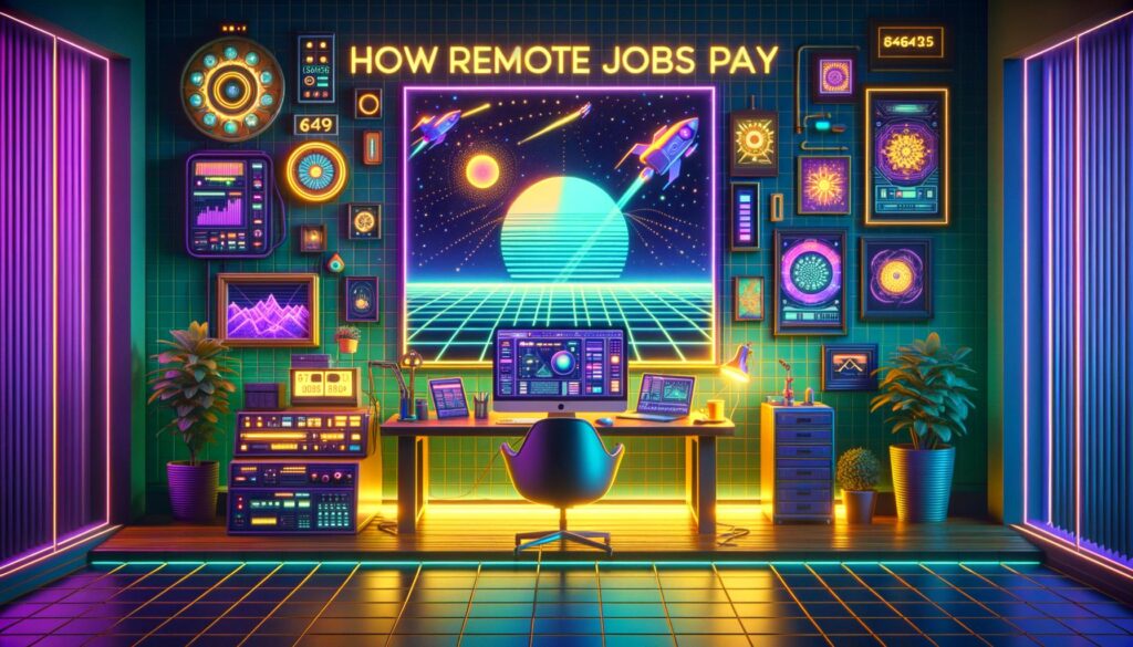 Retro illustration of a futuristic remote workspace highlighting digital work tools with bold overlay text.