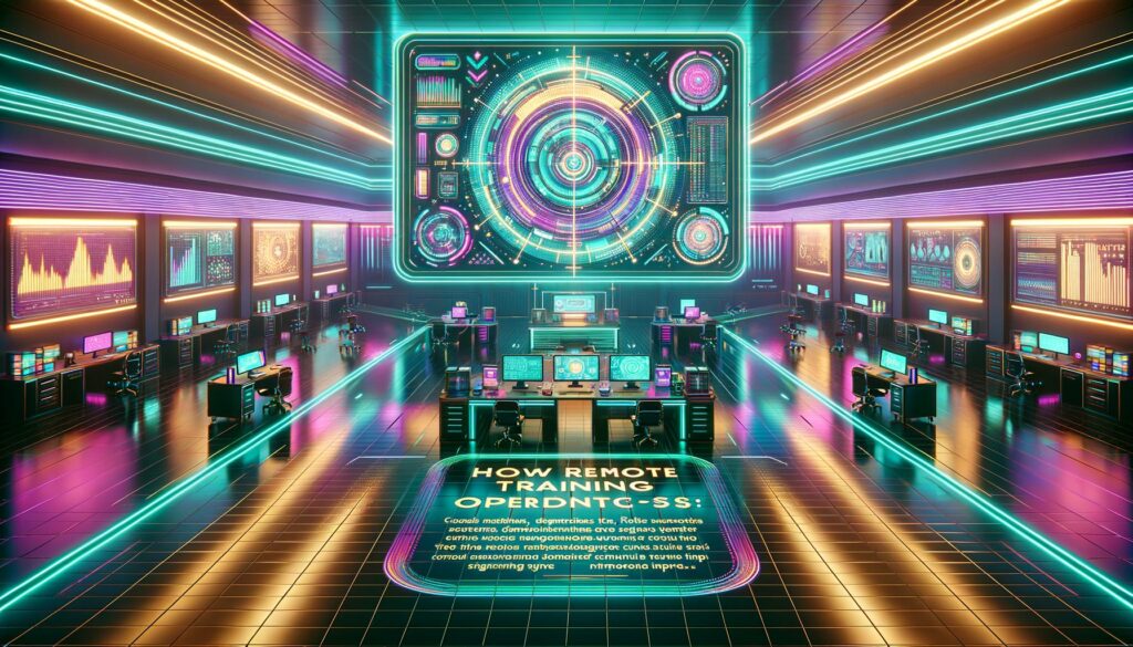 Illustration depicting a futuristic virtual office for remote training with neon accents and overlay text.