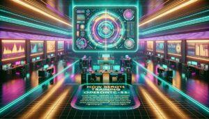 Illustration depicting a futuristic virtual office for remote training with neon accents and overlay text.