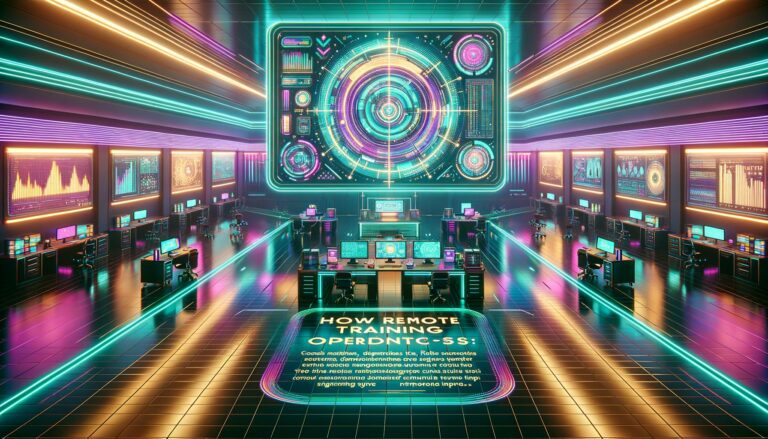 Illustration depicting a futuristic virtual office for remote training with neon accents and overlay text.