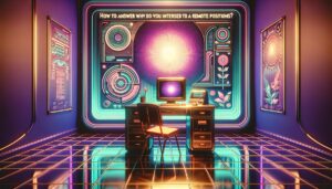 Digital illustration of a retro futuristic workspace with bold text overlay.