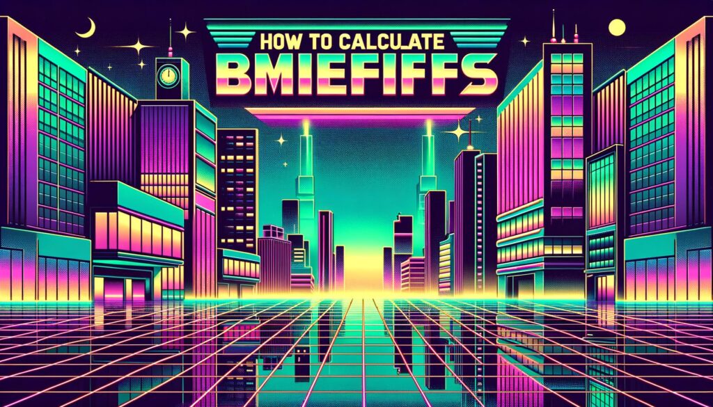 A retro digital illustration depicting a neon-lit cityscape with bold text overlay about calculating employee benefits.