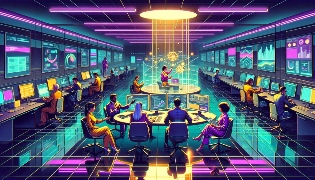 A retro digital illustration of a futuristic office environment featuring remote employees, with bold text overlay.