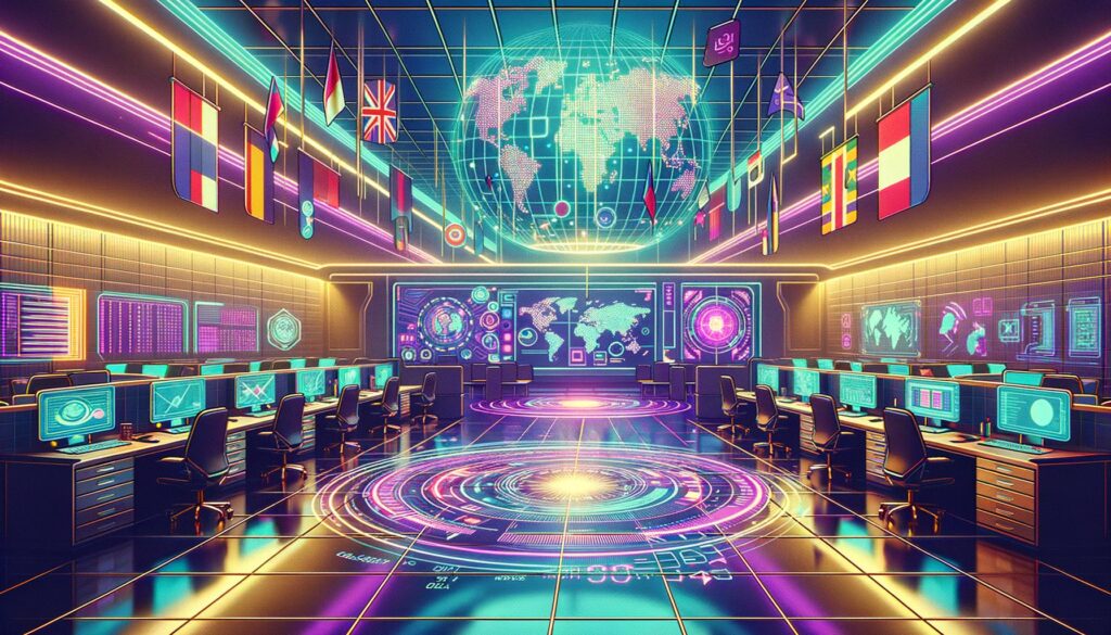 Futuristic office scene illustrating remote work and global hiring with bold text overlay.