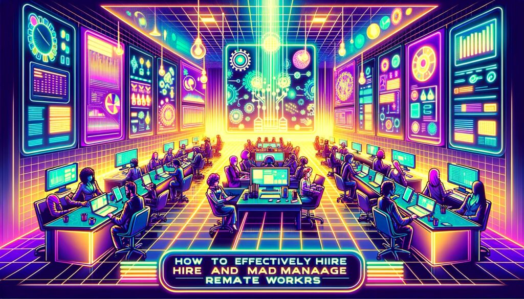 A vibrant, retro-futuristic illustration of remote workers collaborating in a neon-lit environment.
