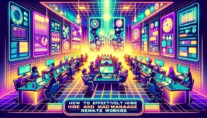 A vibrant, retro-futuristic illustration of remote workers collaborating in a neon-lit environment.