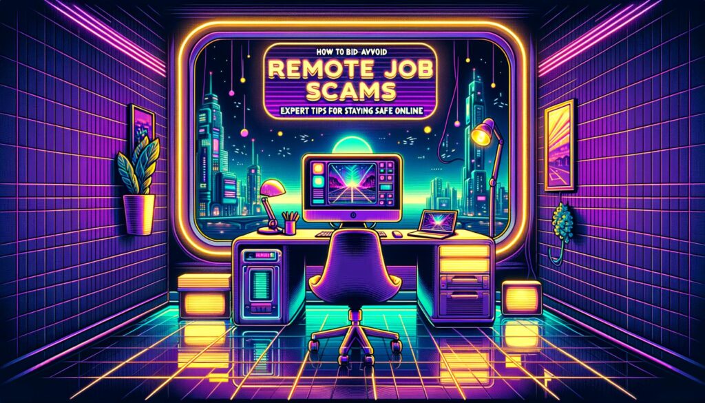 A futuristic remote workspace illustration with bold overlay text on job scam safety tips.