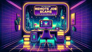 A futuristic remote workspace illustration with bold overlay text on job scam safety tips.